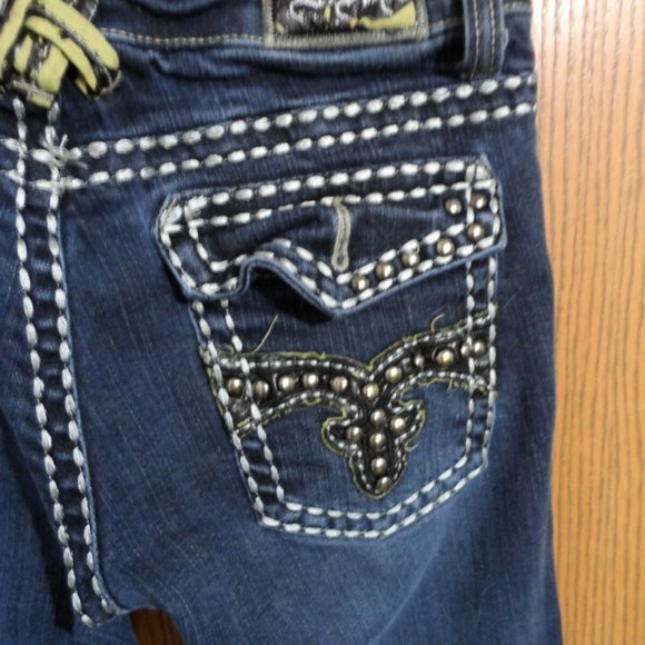 LA IDOL Jeans Sz 1 28x31 Flap pocket Bling Dark wash denim Designer Jr. pants - Picture 2 of 10